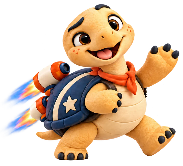 Geenuga's mascot: a smiling tortoise with a rocket backpack and an orange neckerchief